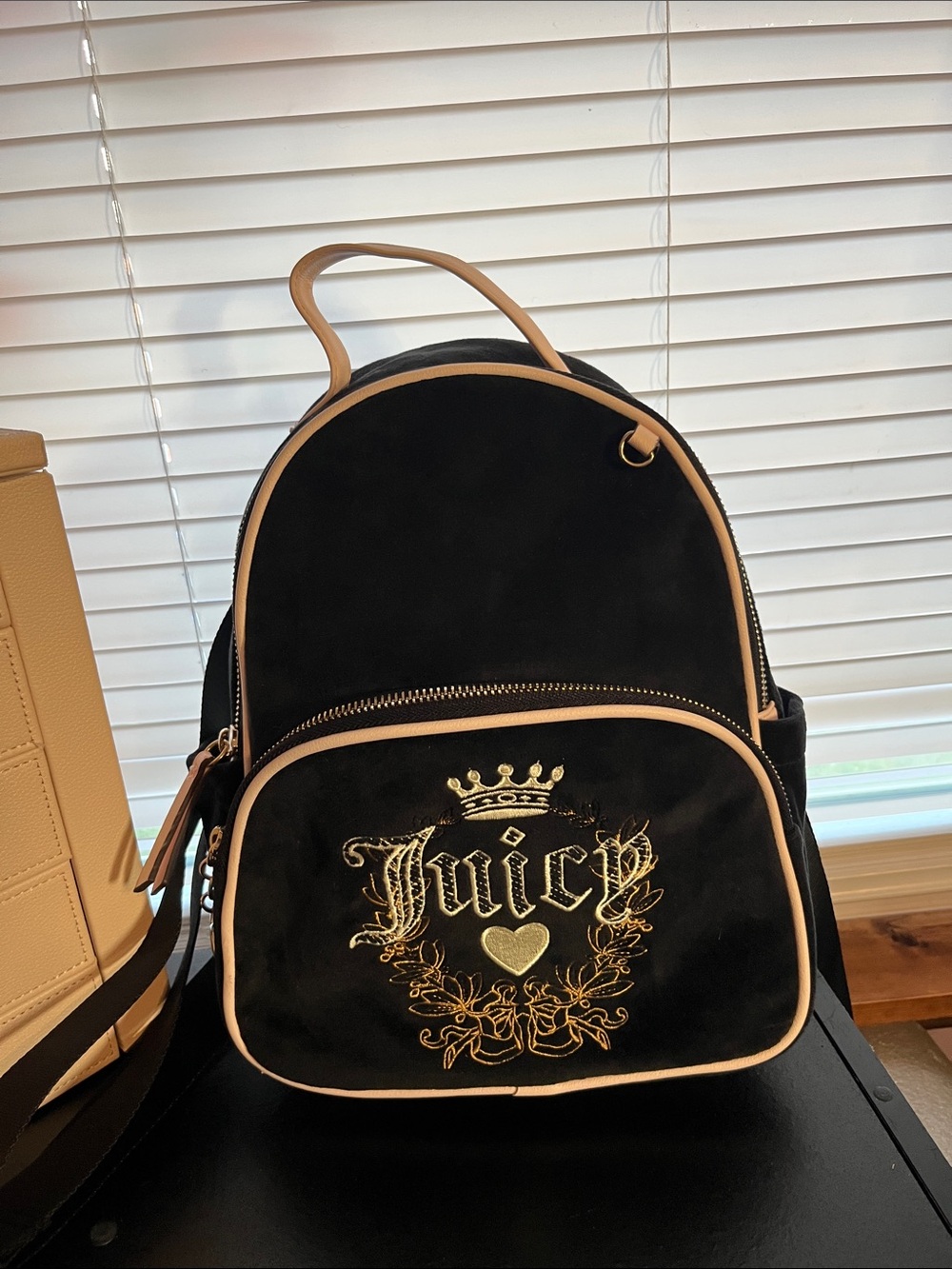 Juicy Couture Black Velvet Mini Backpack with Tan Trim
